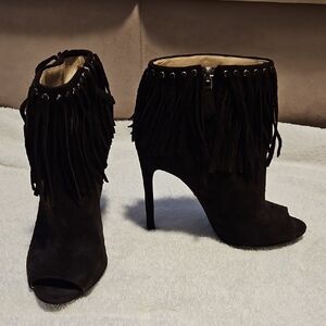 Prada Brown Suede Fringe Peep-Toe Ankle Booties Sz 37/ 7